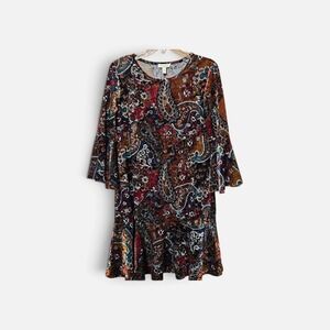 Posh Paisley Velvet Bell Sleeve Mini Dress Brown Multi Boho Shift L   0423
